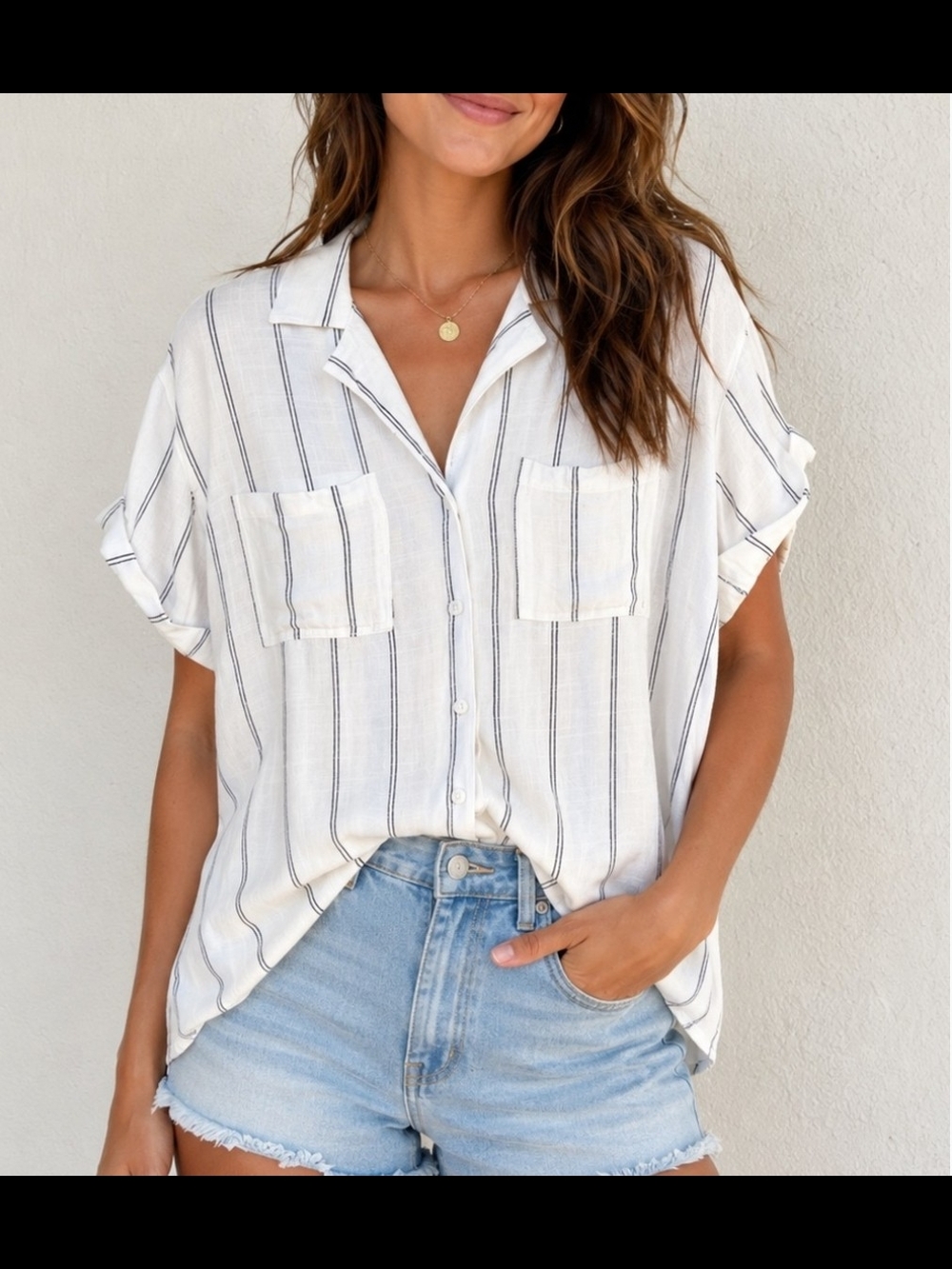 Thread & Supply White Short-Sleeve Striped Button-Up Top